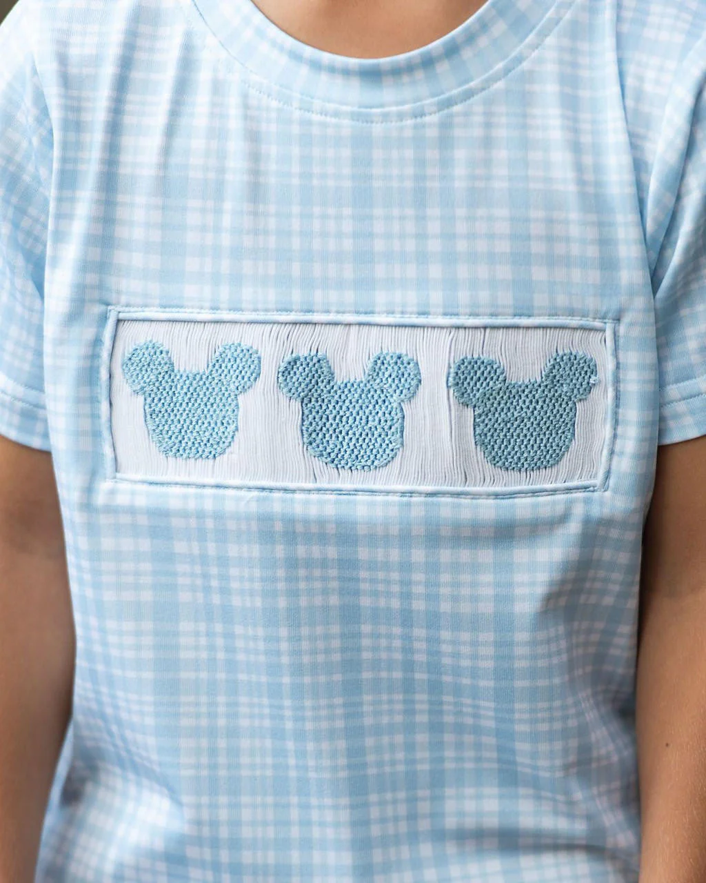 Blue Knit Plaid Smocked Mouse Ears Shirt - Image 3
