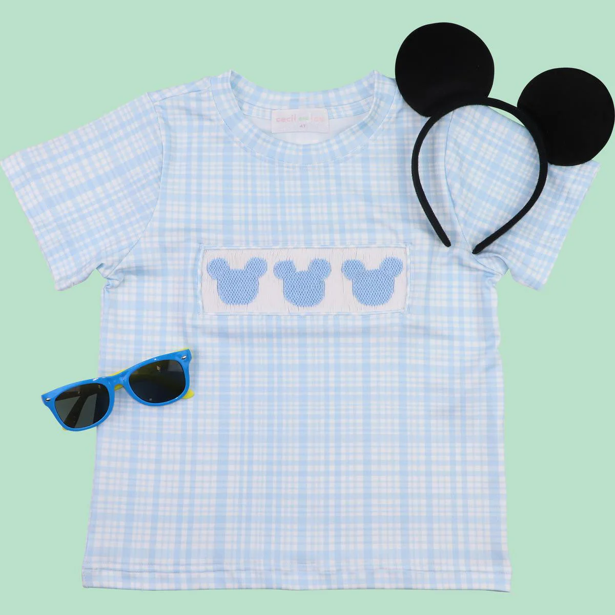 Blue Knit Plaid Smocked Mouse Ears Shirt - Image 4