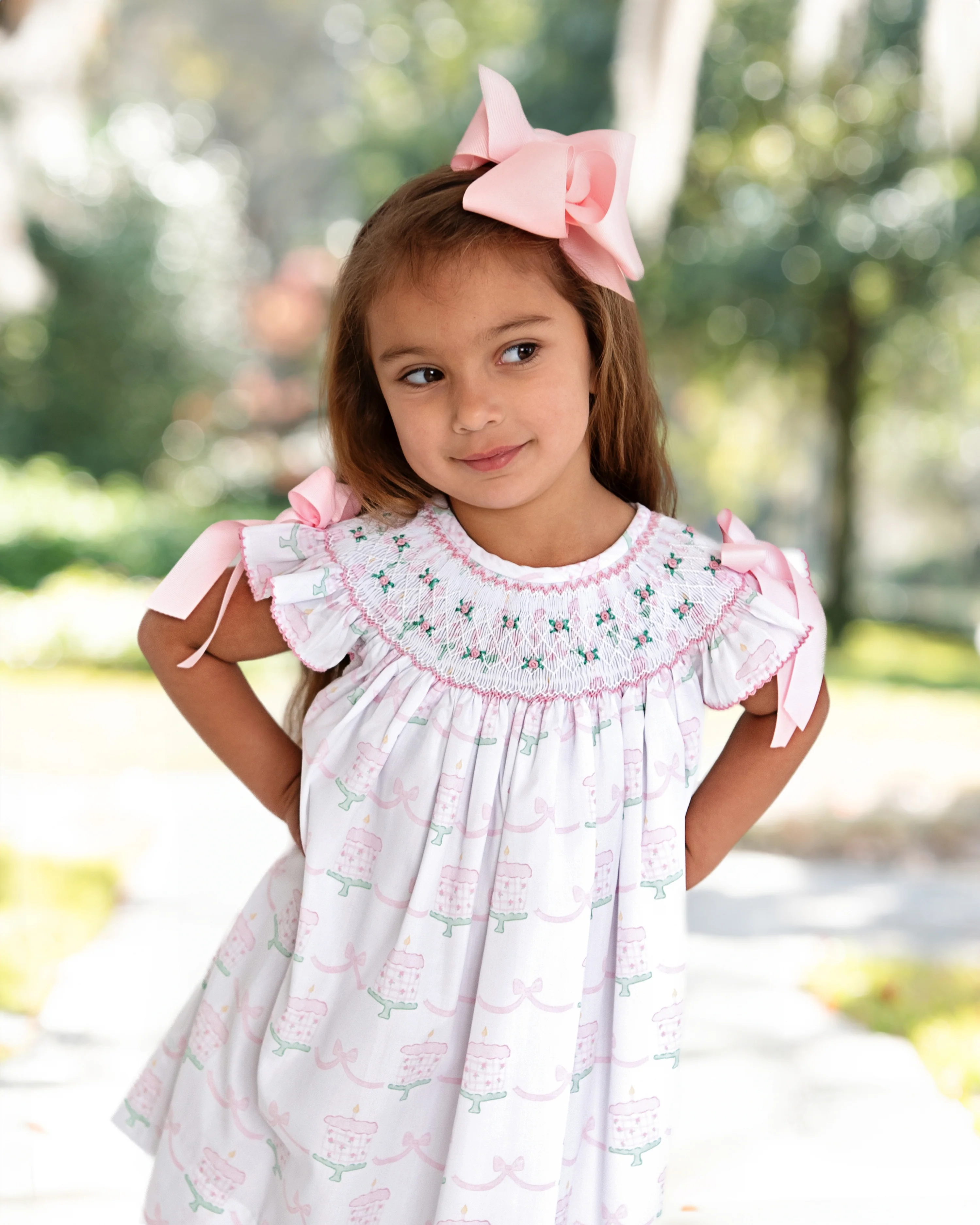 Pink And Green Smocked Birthday Cake Bow Dress - Image 4