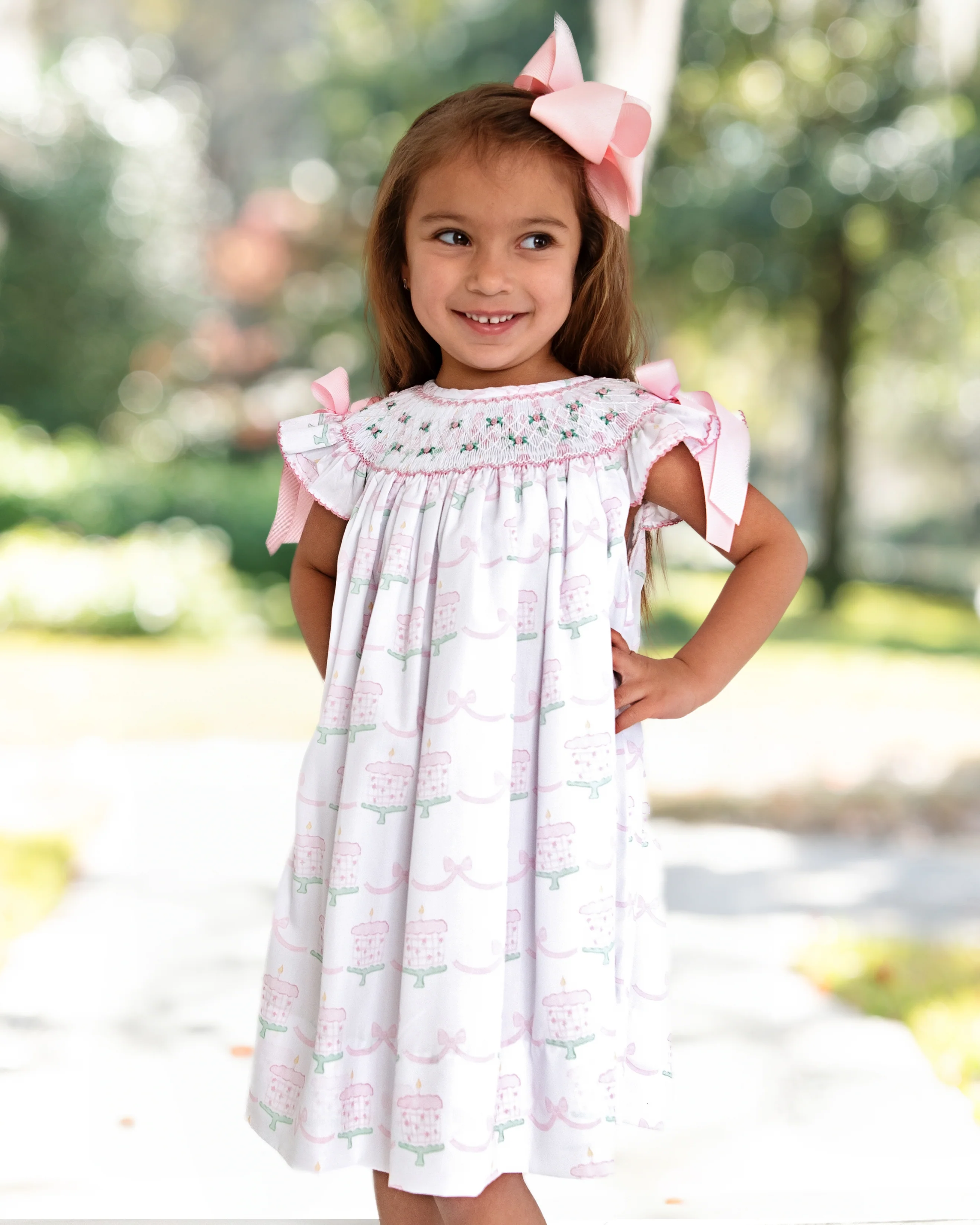Pink And Green Smocked Birthday Cake Bow Dress - Image 5