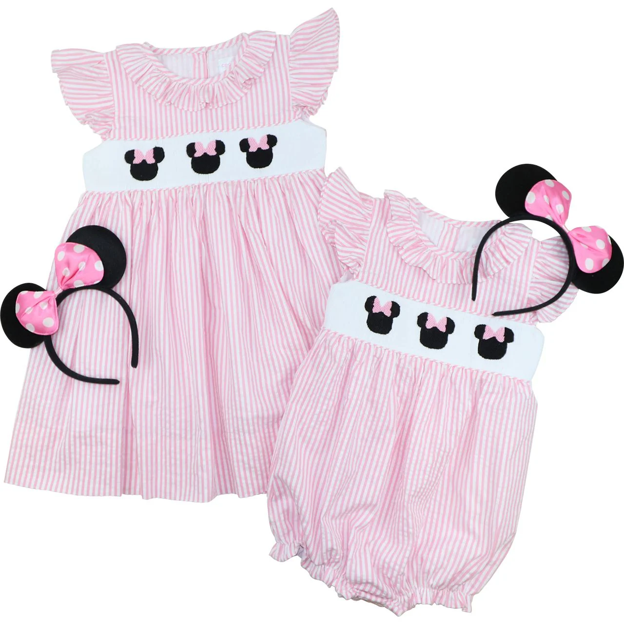 Pink Seersucker Smocked Mouse Ears Bubble - Image 3